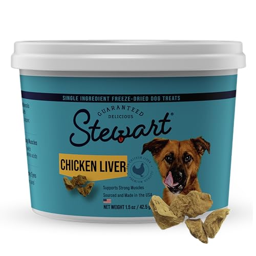 Stewart Single Ingredient Freeze Dried Raw Dog Treats, Chicken Liver, 1.5 Ounce, Approx. 25 Pieces per Resealable Tub, Training Treats or Meal Topper, High Protein, Grain Free, Gluten Free