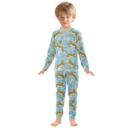 Pajama Sets Long Sleeve Leopard Floral Pattern on Blue Soft Comfy Sleepwear 2 Piece PJS 3-8T2