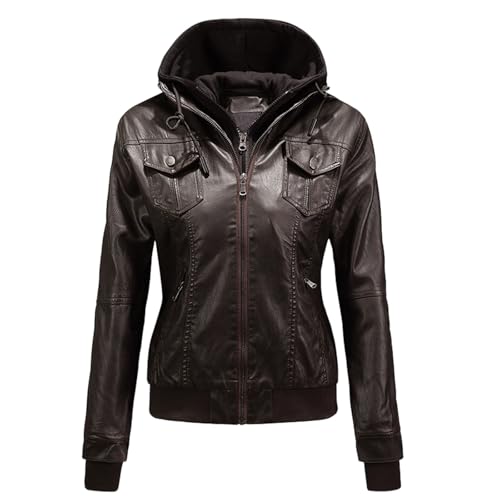 Genérico Chaqueta de moto de cuero para mujer, chaqueta cuero sintético para mujer, abrigo bomber con capucha extraíble, chaquetas invierno moda