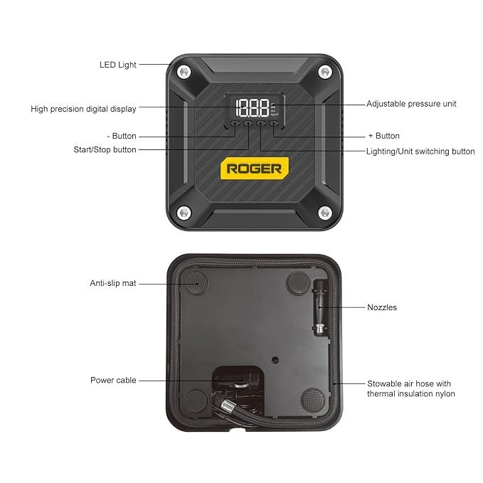 Image of ROGER Portable Air Compressor Pump - Powerful 12V DC Tire Inflator with Digital Gauge, Auto Shut-Off & LED Light - Ideal for Cars, Bicycles, Balloons & More