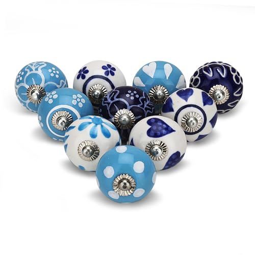 Image of Craft Trade Ceramic Drawer Knobs Set of 10 - Blue Floral Design Cabinet Handles for Kitchen Cabinet Wardrobe Cupboard & Dresser Decorative Drawer Pulls