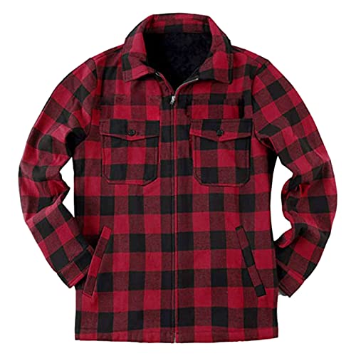 Herren Flanelljacke Jacke Kariert Flanellhemd Karohemd Thermohemd mit Reißverschluss Fleece Gefüttert Winterjacke (Rot, XL)