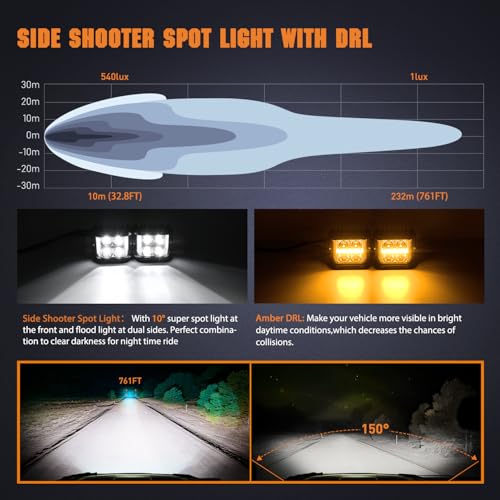 Image of Nilight Side Shooter LED Light Pods with Amber DRL 4 Inch 26 W Spot Flood Combo LED Cubes Light w / 16AWG Wiring Kit for Offroad Driving Fog Light Auxiliary Light on Truck ATV UTV