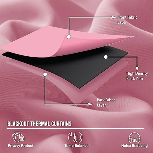 funky gadgets Blackout Curtains for Bedroom 108 Inch Drop Thermal Insulated Eyelet Curtains & Drapes Black Out Curtain for Kitchen, Living Room 2 Panels (90x108 Inch Pink) - Image 3