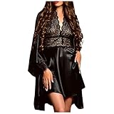 Dorical Damen 2pcs Dessous Die Seide Spitze Robe Kleid Puppe Nachthemd Nachtwäsche Kimono Einstellen Sexy Sling Nachthemd Nachtwäsche Seide Spitze Kleid Babydoll Nachthemd(Schwarz-2,X-Small)