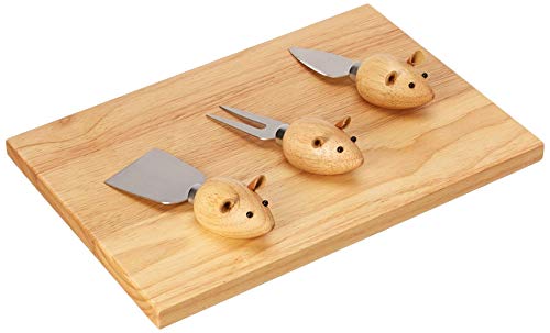 Kikkerland Planche à Fromage en Bois d'hévéa Souris en Acier Inoxydable, Lot de 4