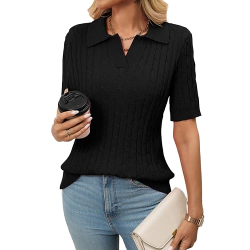 Women Short Sleeve Sweater Tops Summer V Neck Cable Knit Pullover Casual Lapel Shirts4