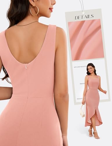 Image of Dressystar 2026 Women's Square Neck Bodycon Sleeveless Cocktail Dresses | wedding guest dresses for women, midi length, formal party dress, soft breathable stretchy material, slit ruffle hem design