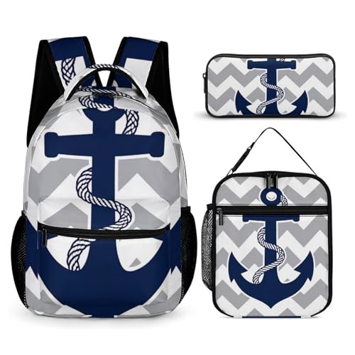 Backpack Bookbag Set Backpack with Lunch Box and Makeup Bag Travel Bookbag Daypack Set (Navy Tie Gray White Chevron Waves Print Nautical Anchor)