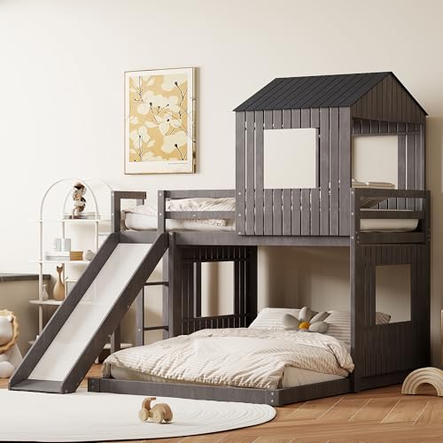 GDFStudio Twin Over Full House Bunk Bed with Slide for Kids, Playhouse Design Wooden Bed Frame with Roof, Windows, Ladder and Guardrails, Fun Toddler Bunk Beds for Boys and Girls, Antique Gray