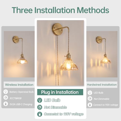Image of Shenmoyl Vintage Wall Sconce with Amber Lily of the Valley Glass Shade Hanging Wall Sconce with 4.9FT Plug in Cord, Modern Wall Lamp Fixtures Decor for Bedside Bedroom Indoor Doorway