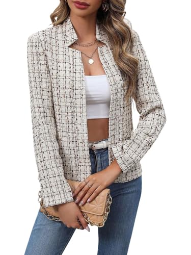chouyatou Women's Fall Business Plaid Tweed Blazer Jacket Collarless Open Front Dressy Tweed Blazer Suit