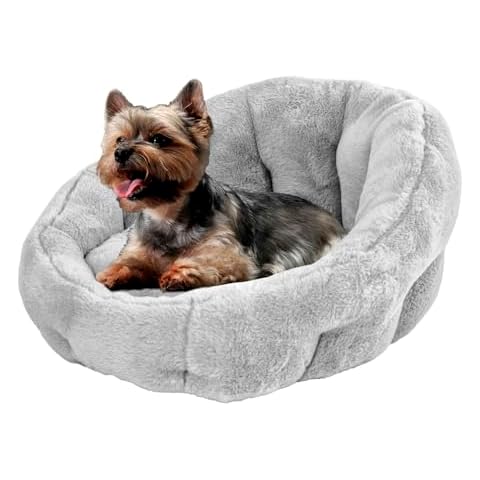 KindTail Small Orthopedic Dog Bed, Cuddler, Faux Fur Luxury Bed, Pet Bed for Dogs and Cats Under 15lbs, Waterproof Dog Bed with Nylon Base, Comfy Pet Bed, 20" x 14" x 10" (Light Grey, Small) Cover