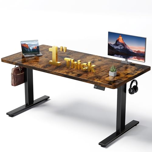 DeskShow 1 Inch Thick Tabletop Electric Standing Desk Adjustable - 60x28 Inch Sit Stand Desk, Double Beam Frame, 3 Memory Height Adjustment, Cable Management for Home Office