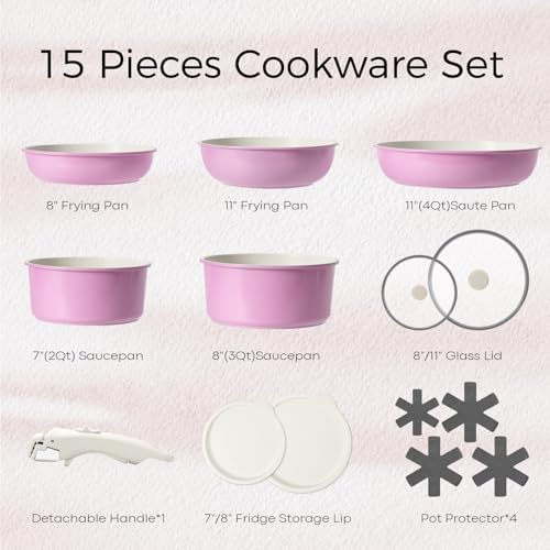 Image of SODAY 15Pcs Cookware Set with Detachable Handle | Nonstick,pink, Aluminum, Granite coating,induction ready, RV kitchen, stackable design, space-saving for small kitchens