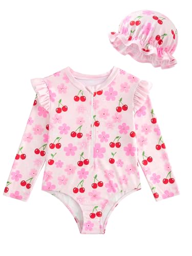 JiAmy Traje de baño para niña de manga larga con protección UV, con protección UV, traje de baño con cremallera, rojo cereza, 3-4 años