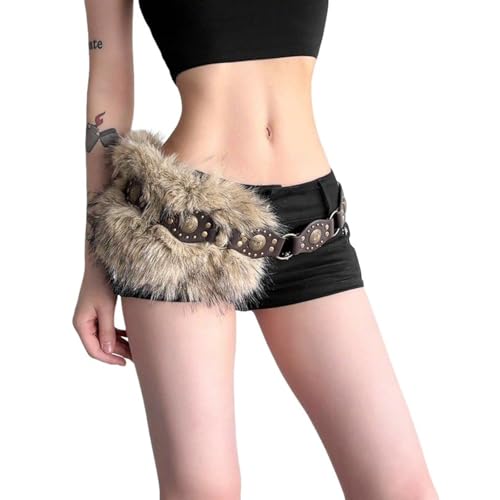 Y2K Aesthetic Faux Fur Belts for Women Girls Western Punk Grunge Leather Belt Boho Vintage Fuzzy Waist Belts