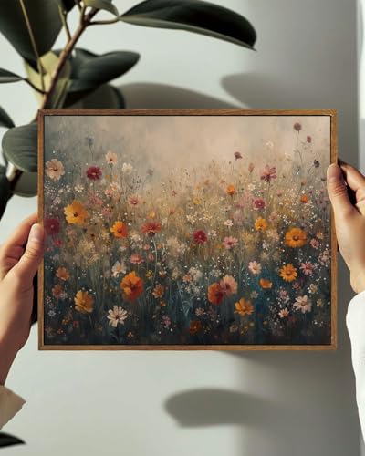 Image of KISSFOX Vintage Framed Wall Art Decor Rustic Wildflower Field Pictures Wall Decor Colorful Daisy Flower Paintings Botanical Canvas Art Prints Modern Farmhouse Artwork For Bedroom Kitchen Living Room