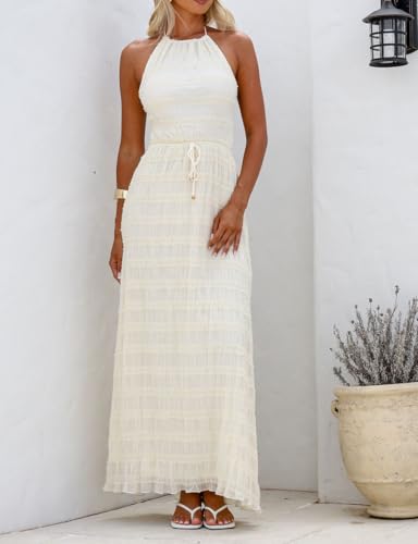 Image of Argeousgor Women Halter Neck Backless Summer Dresses 2025 Sleeveless Tiered Ruffle A-Line Flowy Cocktail Party Maxi Dress
