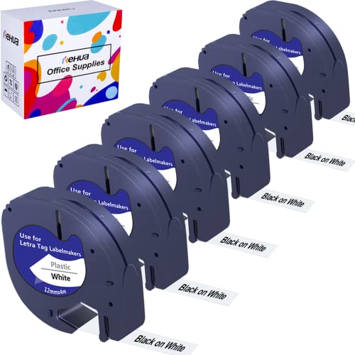 Hehua Kompatible für Dymo Letratag xr etikettenband plastic12mm x 4m als Ersatz für Dymo letra-tag xr lt-100h LT110T LT-100T QX50 XR XM 2000 Plus 109-xr, Schwarz auf Weiß, 91221/S0721660 (6-pack) Cover