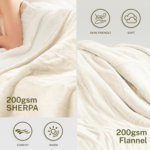 Heat Blanket 72”x84” Full Size,Soft Flannel & Sherpa Reversible Electric Blanket with 10 Heat Settings,12 Timer Setting and 8 Hours Auto-Shut Off,ETL Certified Machine Washable,Ivory
