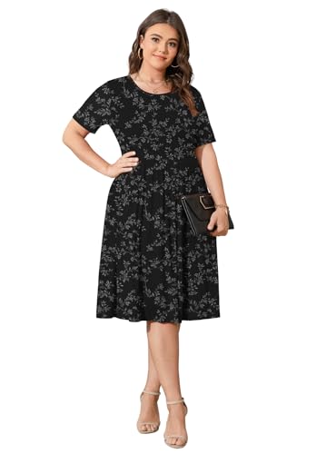 Image of POSESHE Womens Plus Size Summer Dress 2026 Casual Short Sleeve Empire Waist Loose Fit Swing T-Shirt Dress with Pockets