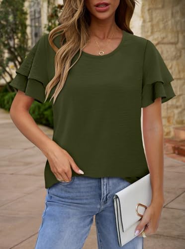 CRAZY GRID Women's Shirts Summer Casual Crewneck Ruffle Short Sleeve Blouses Cute Floral Print Tunic Tops