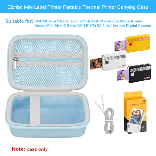 Image of Elonbo Carrying Case for KODAK Mini 2 Retro 2x3 Portable Photo Printer | Bluetooth Smartphone Instant Color Printer Hard Travel Protective Bag, Mesh Pocket fits Cartridge Photo Paper Sheets, Blue