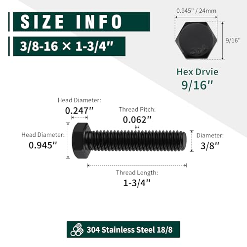 Image of 3 /8-16 x 1-3 /4 inch Hex Head Bolts Black, 304 Stainless Steel 18-8 Hexagon Head Screws Bolts, Black Oxide Finish, Allen Hex Drive, 10 PCS