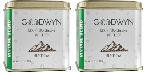 Image of Goodwyn Darjeeling First Flush Tea - 100g Loose Leaf | Handpicked Black Tea in Reusable Tin | Fresh, Aromatic & Rich in Antioxidants | Estate Fresh & Trusted by 1000+ Hotels (Pack of 2)