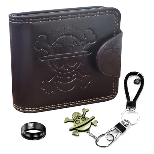 Tyzourib Billetera de Cuero Cartera de Anime con Llavero One Piece Luffy y Anillo de Calavera...