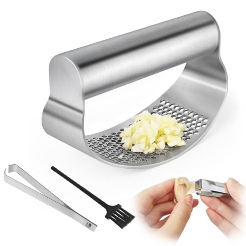 Wantli Presse-ail à bascule en acier inoxydable, Ecrase Ail Manuel, ustensile de cuisine portable, garlic press, avec éplucheur d'ail et brosse de nettoyage,...