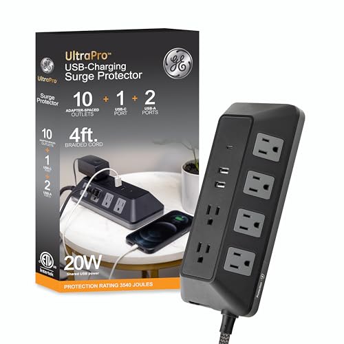 GE UltraPro 10-Outlet Surge Protector with USB, 2 USB-A, 1 USB-C,...