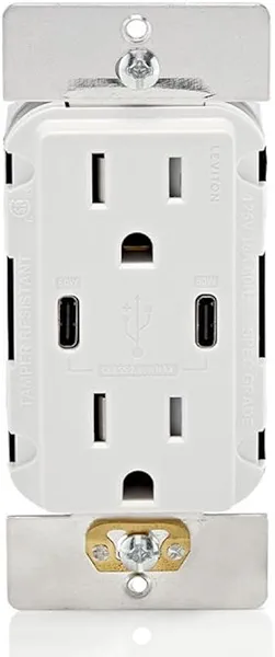 Leviton 60W (6A) USB Dual Type-C/C Power Delivery in-Wall Charger with 15A Tamper-Resistant Outlet, USB Charger for Smartphones, Tablets, Laptops, T5636-W, White