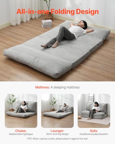 VEVOR 3 in 1 Klappsofa faltbares Schlafsofa mit 2 Kissen & waschbarem Bezug, umwandelbarer Schlafsessel aus 25D Memory Foam, Couch für Wohnzimmer Schlafzimmer, Hellgrau (Full / 2410 x 1360 x 120 mm)