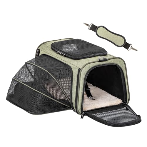 Petsfit Trasportino espandibile approvato dalle compagnie aeree, trasportino portatile per gatti con lato morbido, con tappetino in peluche rimovibile, cerniere di sicurezza e tasche, verde