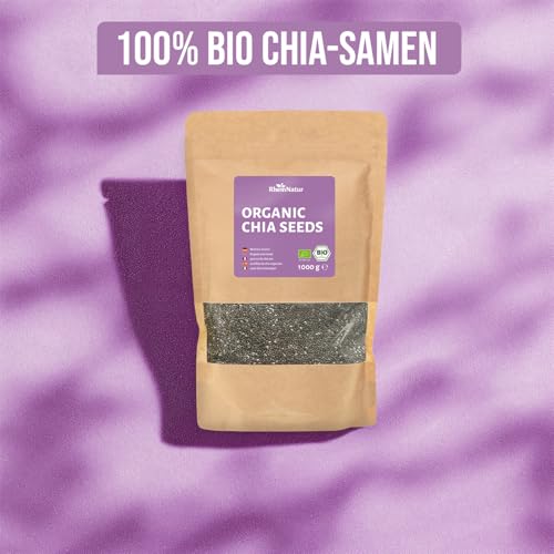 RheinNatur Bio Chia Samen 1 kg - 100% Bio Chiasamen - Reich an Proteinen, Ballaststoffen & Omega-3-Fettsäuren - Ideal für Salate, Joghurt, Müsli & Chia-Wasser - 1000 g Beutel