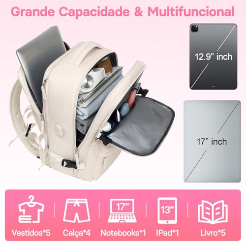 Mochila de Viagem Expansivel Avião Grande Feminina,Mochila Executiva Masculina Impermeável Reforçada para Notebook,Casual Esportes Hiking Escola Presente (Bege) - Imagem 6