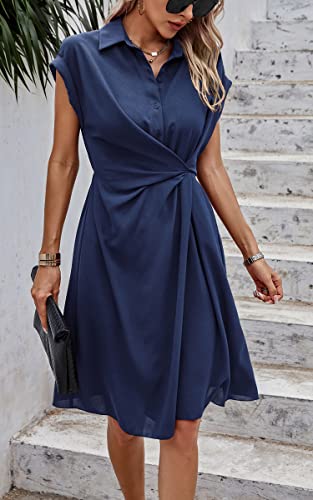 Image of ECOWISH Womens Casual Midi Dresses Solid V Neck Short Sleeve Button Shirt Belted Dress with Pockets for Spring Summer 2026