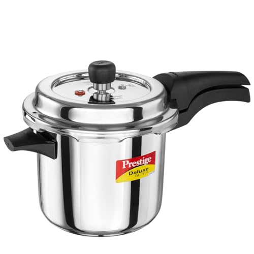 Image of Prestige 3.5 Litre Stainless Steel Deluxe Alpha Svachh Outerlid Pressure Cooker |Deep lid for spillage control|10 years warranty|Gas & Induction compatible|Gasket release system|ISI Certified