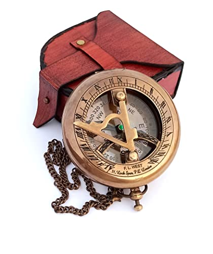 Brass Sundial Compass with Leather Case and Chain - Push Open Mechanism Vintage Steampunk Accessory - Antiquated Finish Pocket Compass (Antique Sundial Compass 1)