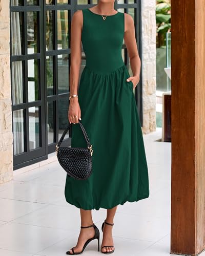 BTFBM Women's 2025 Summer Casual Sleeveless Midi Dress Patchwork Knit Tank Bubble Long Flowy Beach Maxi Sundress Pockets
