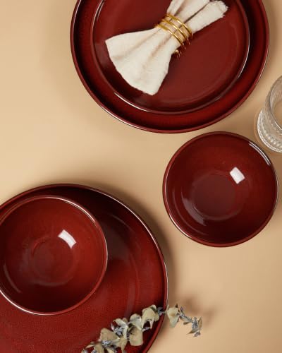 Image of Pokini Stoneware Dinnerware Sets for 4, 12pcs Plates and Bowls Sets Dishes | Reactive Glaze Ceramic Dish Set, Microwave & Dishwasher Safe, Highly Chip and Crack Resistant Dishware sets, Terracotta Red