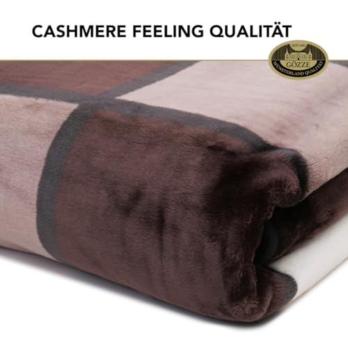 Gözze - Weiche Kuscheldecke, Cashmere Feeling, Hohes Stoffgewicht 500 g/m², Antigua, 150 x 200 cm - Zimt/Schwarz/Weiß