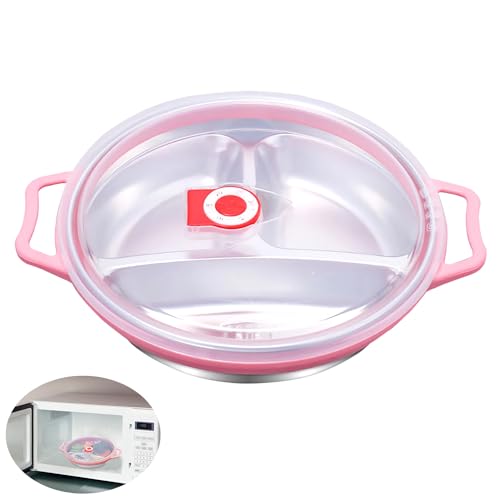 HYRYC Assiette pour Micro Onde avec Couvercle 1300ml Assiette en Acier Inoxydable pour Micro-Ondes et Congélation Aliments Avec 3 Compartiments Couvercle Avec...