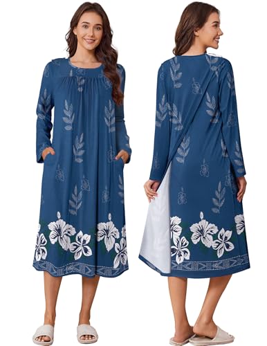 Deyeek Hospital Gowns for Women Tear Away Snap Open Back Dress Long Sleeve Post Surgery Adaptive Nightgown with Pockets
