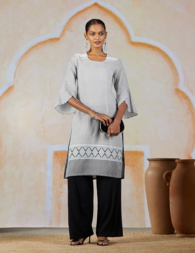 Image of Rangriti Grey Poly Cotton Straight Kurta for Women