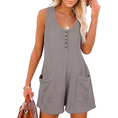 Image of Women's Waffle Romper Jumpsuit Button Front Sleeveless Shorts Casual Summer Overalls with Pockets
