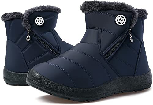 Image of Eagsouni Snow Boots Womens Winter Ankle Boots Ladies Warm Fur Lined Booties Thickening Shoes Zip Flat Sneakers Outdoor Booties