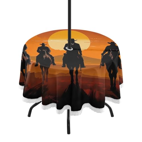 Wajiw 60 Inch Indoor Outdoor Round Tablecloth with Umbrella Hole and Zipper Waterproof Patio Table Cover for Camping Dining Room Party Outdoor Picnic,Cowboys